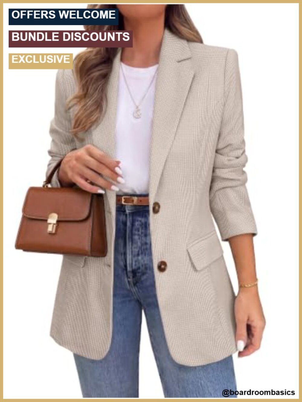 Women's Business Casual Tweed Blazer Houndstooth Plaid Notched Lapel Two-Button